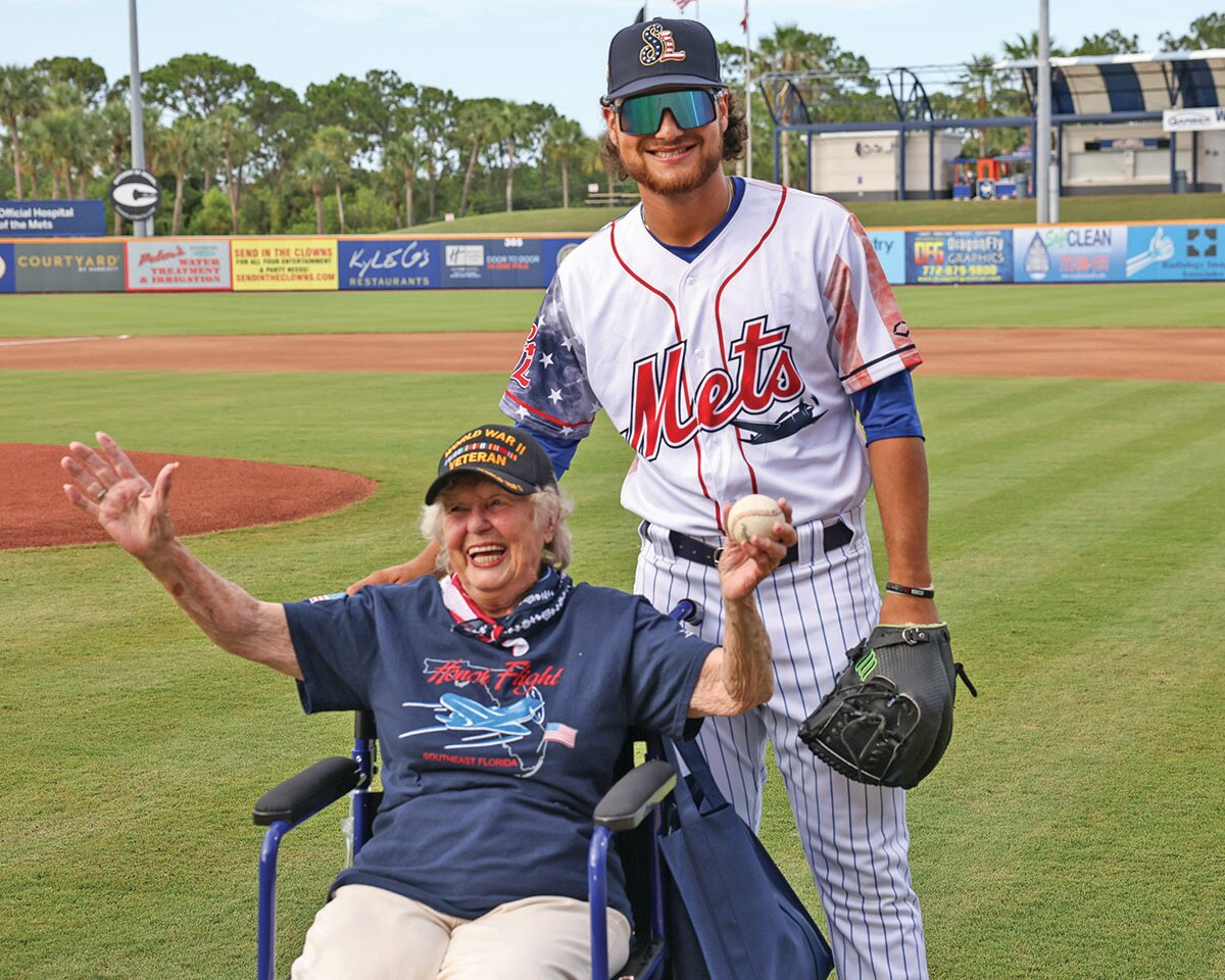 100 year-old WWII Veteran Dorothy Pagano helps throw out the first pitch at a recent St. Lucie Mets game.